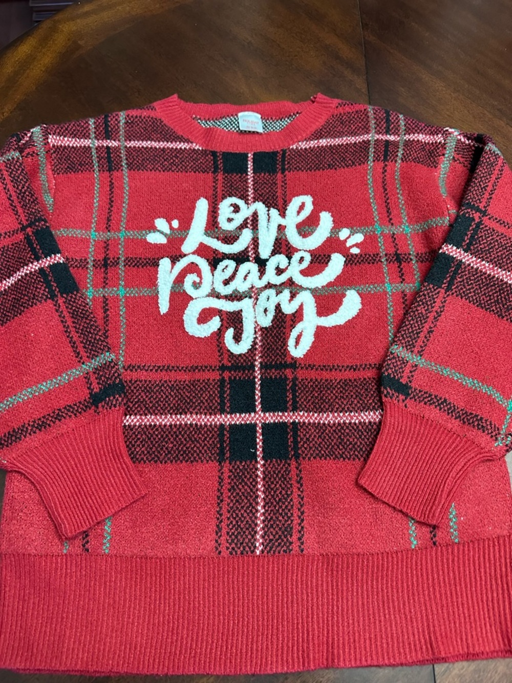 Red Plaid "Love Peace Joy" Holiday Christmas Sweater EC